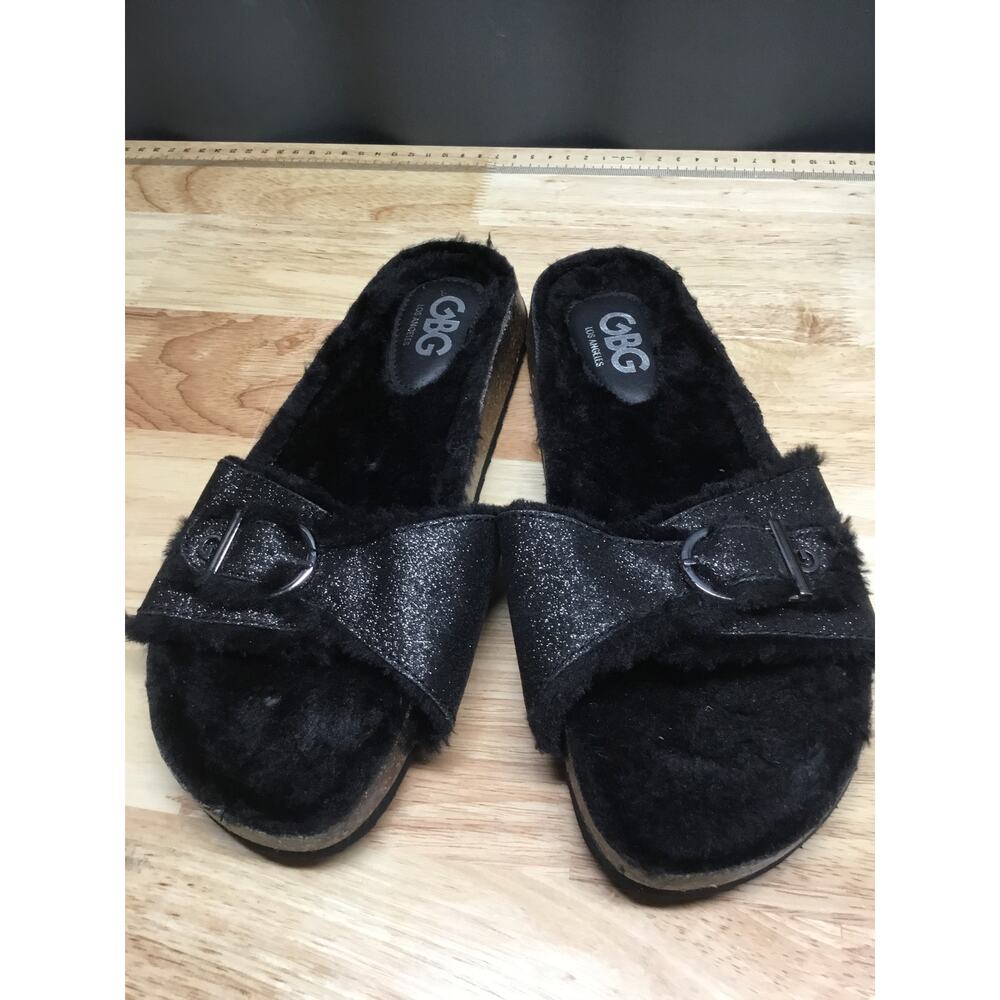 GBG Los Angeles Fuzzy Slide Sandals Women's 8.5 Black Glitter Faux Fur Slip-On